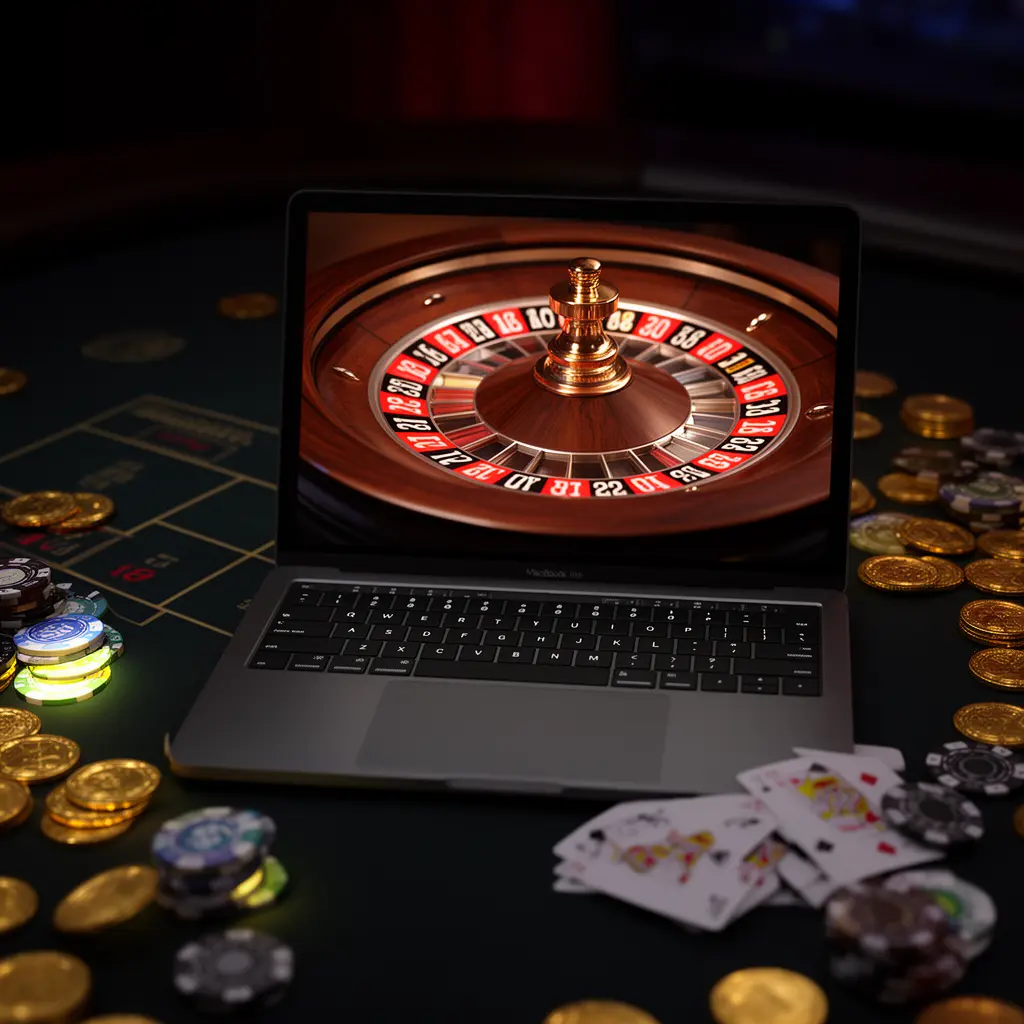 Luxury online roulette experience on a laptop surrounded by casino chips and cards highlighting the premium gaming atmosphere of 7333MXB casino for players in Mexico